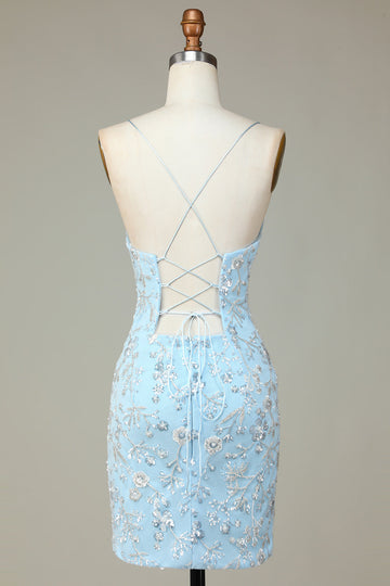 Glitrende blå paljetter Beaded Blomster Tight Short Homecoming Dress